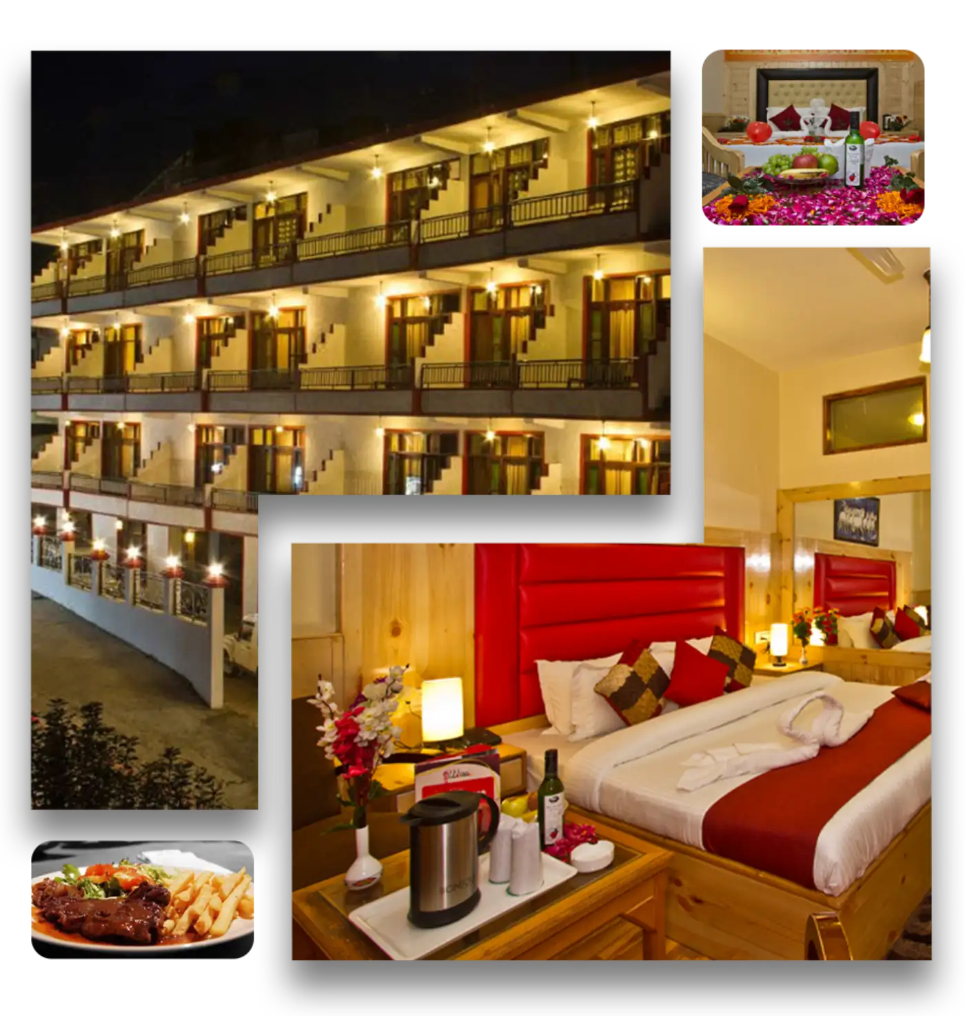 Hotel exterior at night, romantic honeymoon suite with flowers and wine, plus room service meal.