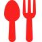 Red spoon and fork icon for restaurant or food-related content.